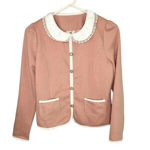 Dusty Rose Pink Cardigan Top Peter Pan Collar Jacket Coquette Twee Large Cute